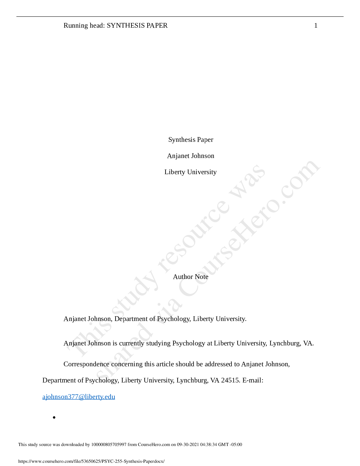 Preview of Liverty University PSYC255 Synthesis Paper